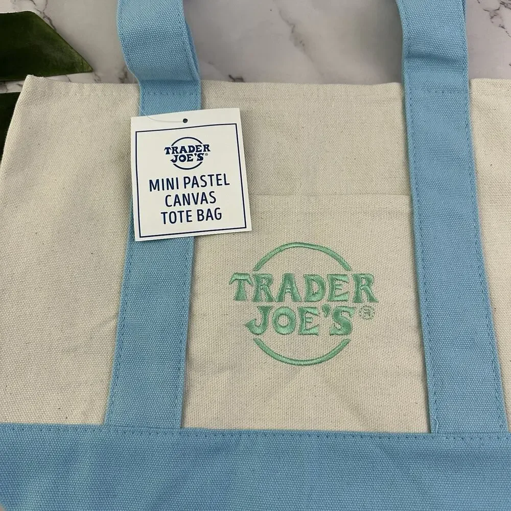 Trader Joes Mini Pastel Canvas Tote Bag Set of 2 New Blue Mint Green Embroidered